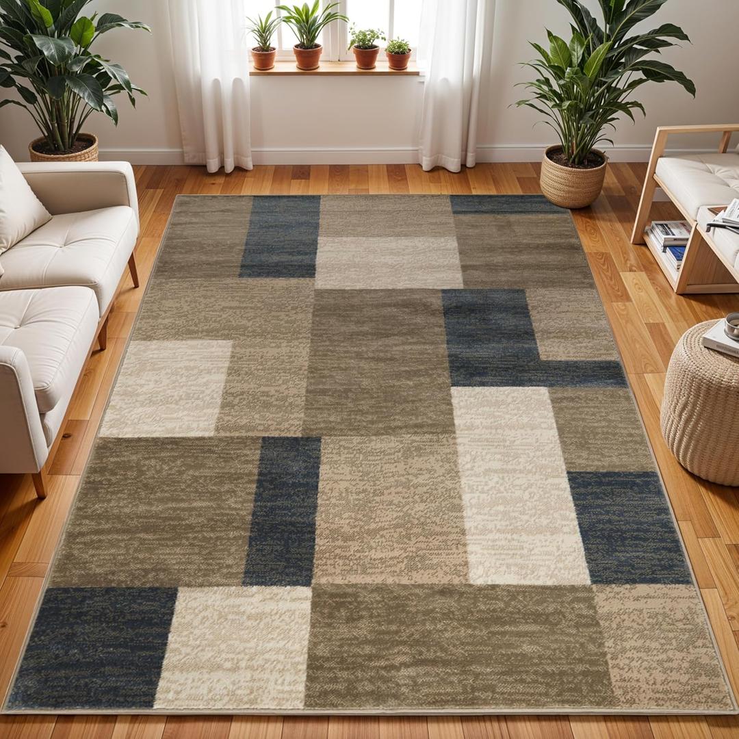 SUPERIOR Clifton Indoor Plush Area Rug, Easy Clean, 4'x6', Beige-Blue Z