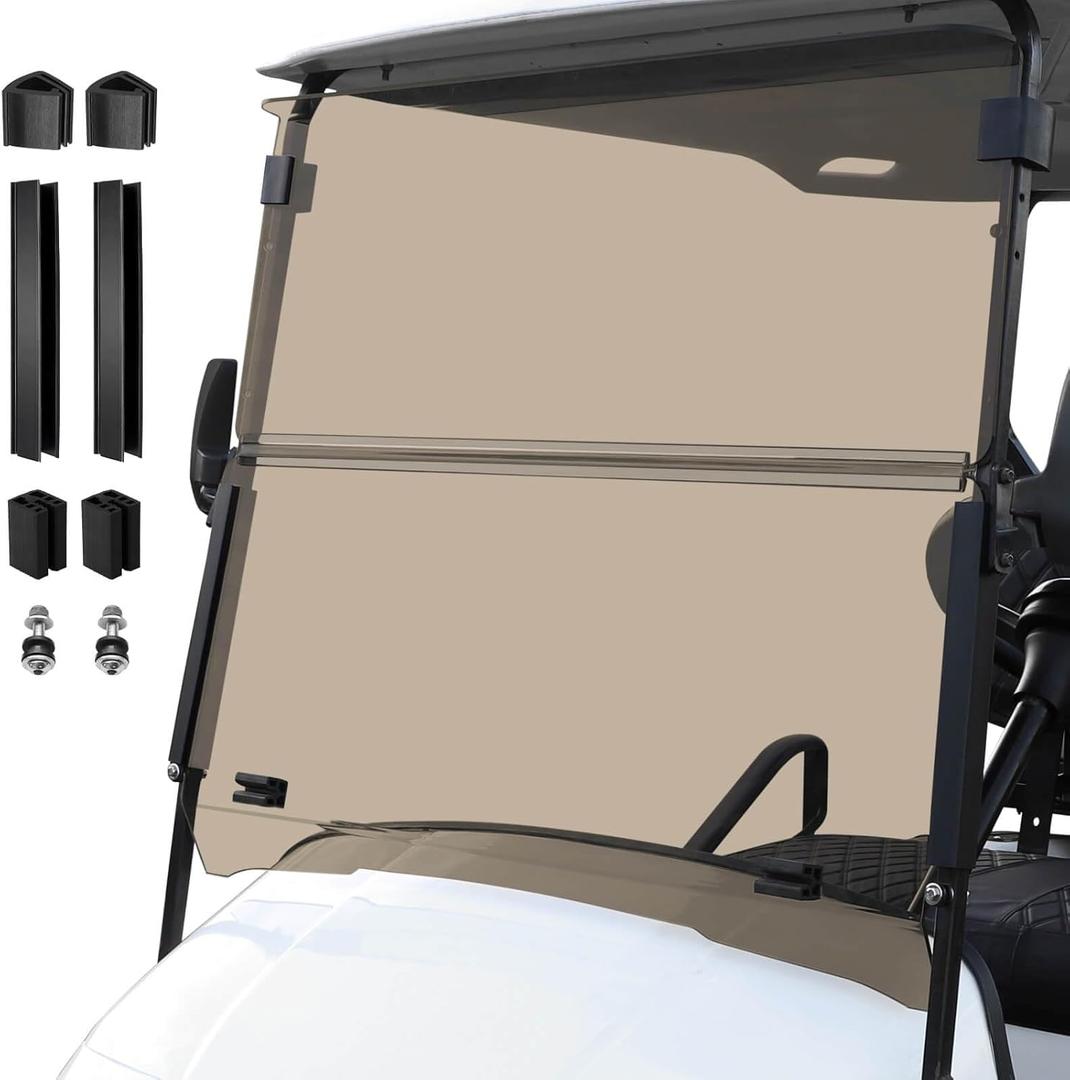 Golf Cart Foldable Windshield 3/16" (5MM) Thicken Only Fits 1995-2013 EZGO TXT & Medalist, Fits 3/4" Struts Rail Windscreen Glass Replacement Shatterproof & Anti-UV Included Mounting Hardware (Tinted)