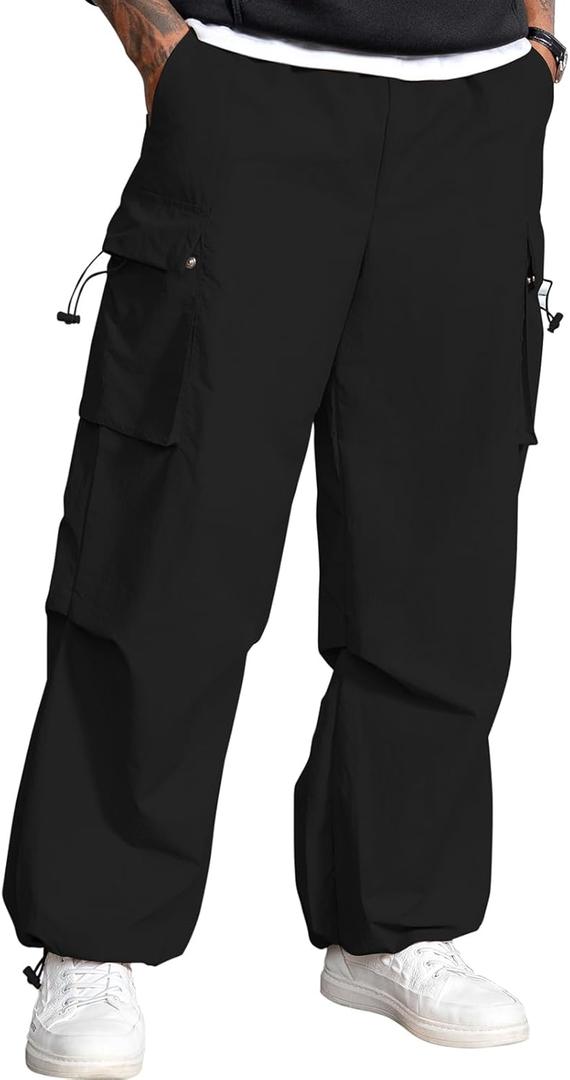 Men's Baggy Cargo Pants Vintage Casual Drawstring Parachute Pant Loose Fit Jogger Streetwear Pants with Pockets (X-Large, Black)