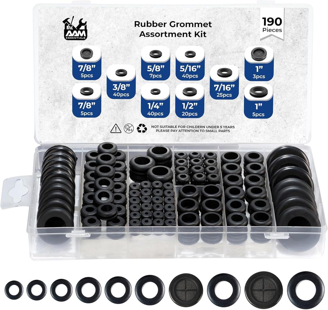 Rubber Grommet kit- Pack of 190 in 2 Types of Rubber Grommets for Wiring Including 2 Sizes of Hole Plugs & 8 Sizes of Wire Grommets- Firewall Grommet kit Handles Complete Safety & Sealing.