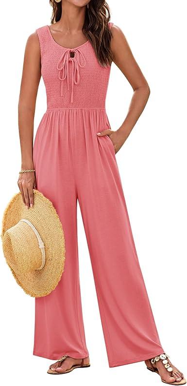 GRACE KARIN Jumpsuits for Women Bow Tie Front Overalls Smocked Tops Wide Legs Casual Knitted Outfits with Pockets (Large, salmon)