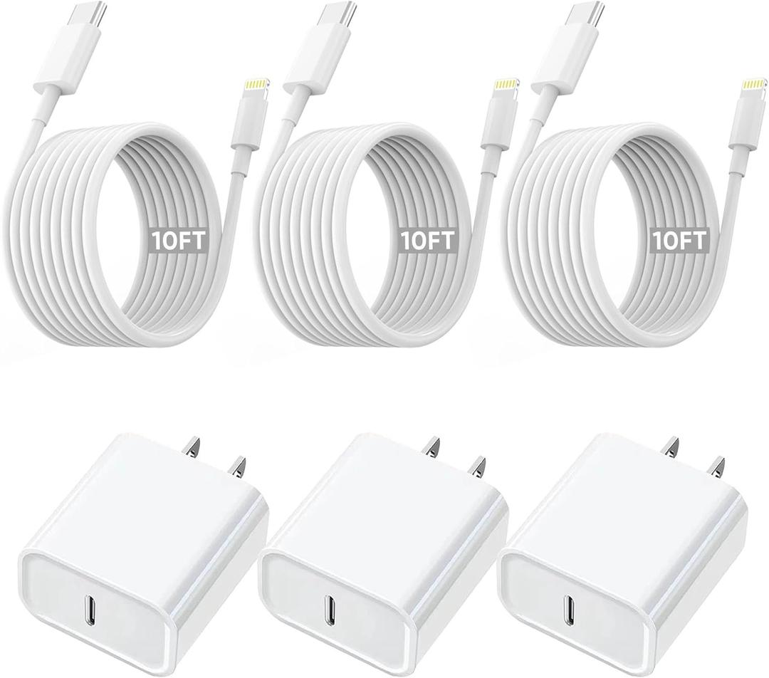 10FT iPhone Fast Charger,3Pack Extra Long[Apple MFi Certified]iPhone USB C Charger Fast Charging 10Foot USB C to Lightning Cable Cord Quick Adapter Block for iPhone14 13 12 11 Pro Max/Plus/Mini/X,iPad