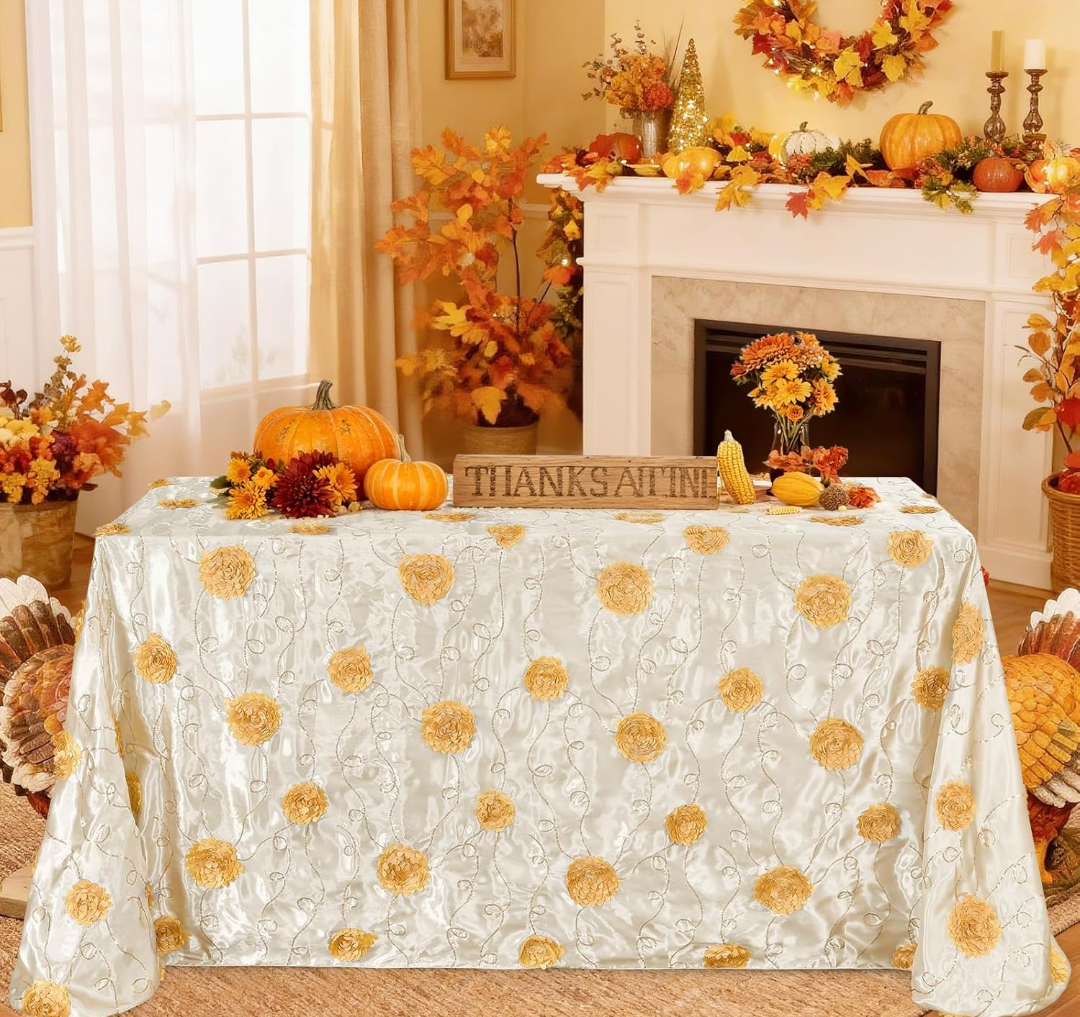 Fanqisi Rectangle Tablecloth Raised Rosette Vintage Satin Tablecloths Birthday Table Cover for Wedding Anniversary Outdoor Ceremony Party Decorations,60"x102"