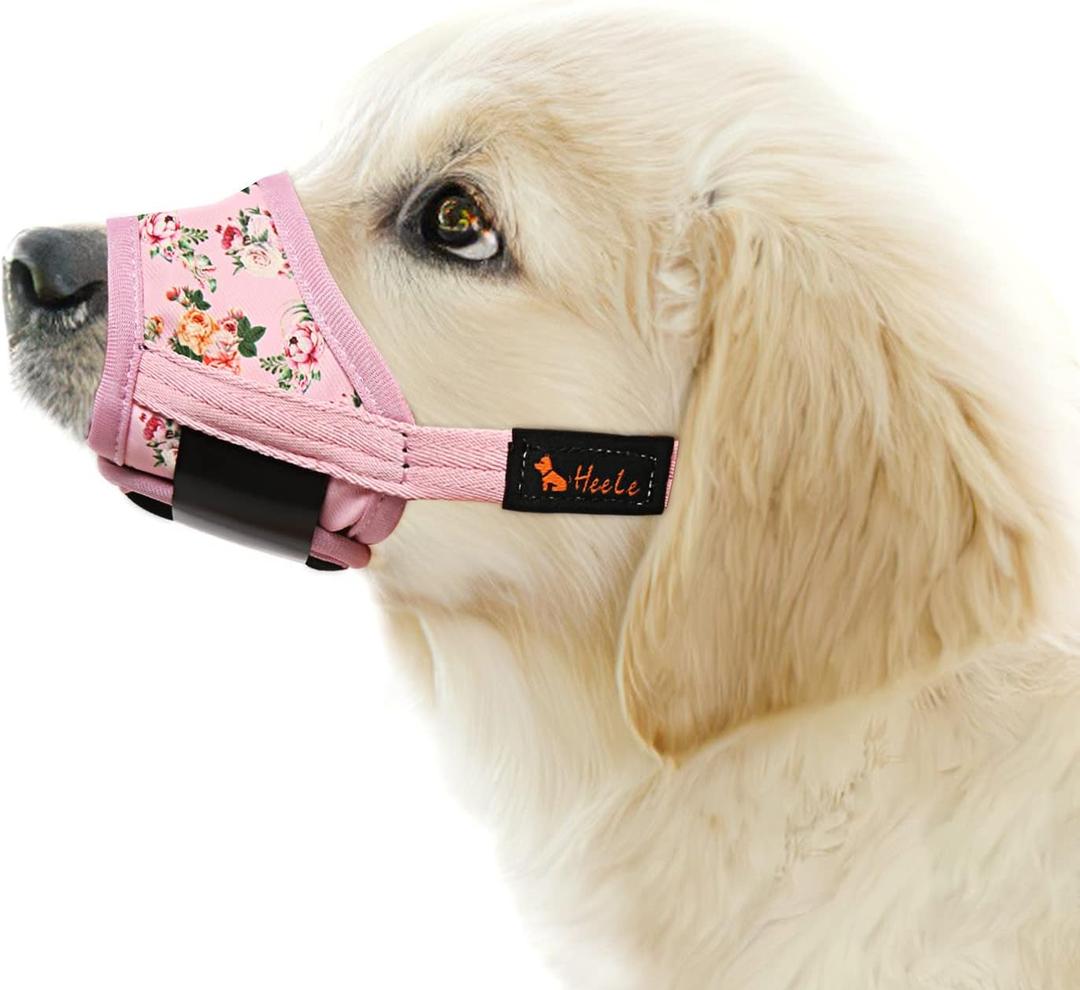 HEELE Dog Muzzle,Soft Nylon Muzzle Anti Biting Barking Chewing,Air Mesh Breathable Drinkable Adjustable Loop Pets Muzzle for  Dogs 4 Colors 4 Sizes (P-Pink Flower, M)