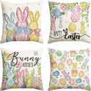AVOIN colorlife Happy Easter Rabbit Easter Eggs Colorful Flowers Throw Pillow Covers, 18 x 18 Inch Bunny Kisses Eucalyptus Leaves Cushion Case Decoration for Sofa Couch Set of 4