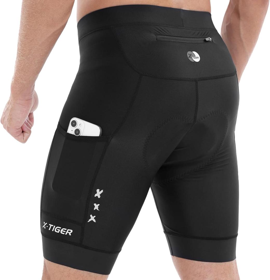 X-TIGER Bike Shorts for Men Padded Anti-Slip Leg Cycling Shorts with Zipper Pockets Mountain Bicycle Riding Road Biking (Black)