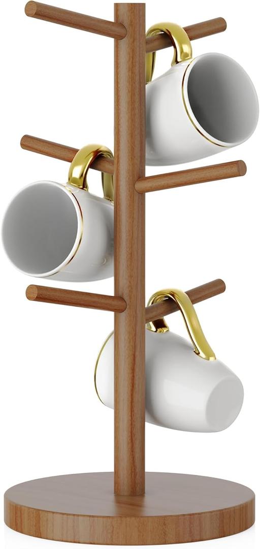 Wisuce Bamboo Coffee Mug Holder Tree, Thicker Base Coffee Cup Holder Stand for Counter, Countertop Mug Rack Organizer with 6 Hooks (Brown