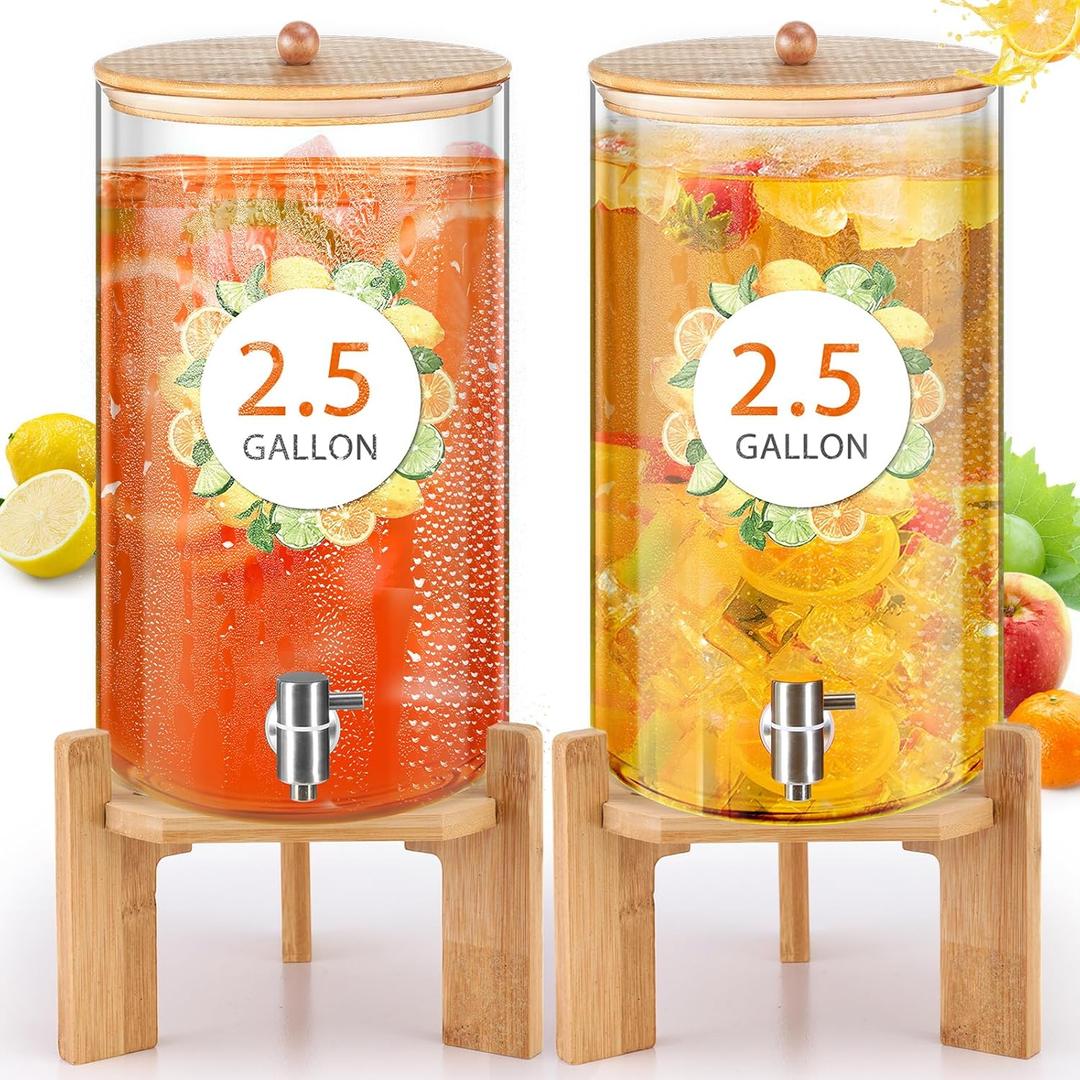 FillTouch 2 Pack 2.5 Gallon Glass Drink Dispensers with Stand for Party, Leakproof Beverage Dispensers with Wooden Stand, Spigot and Bamboo Lid for Wedding, Juice, Tea, Water, Lemonade and Drink