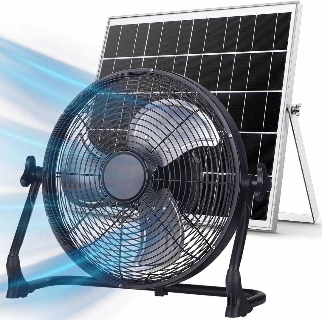 ZZE 14 Inch Battery Operated Fan Rechargeable with Solar Panel, Upgraded with High Airflow Metal Blade Camping Fan, Cordless, Quiet, USB Phone Charge, 5-75H Working Time