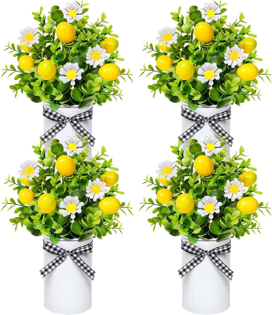 4 Pack Lemon Mason Jar Table Centerpiece, Artificial Lemon Home Centerpieces Fake Lemon Daisy Plants with Faux Leaves for Summer Wedding Farmhouse Office Kitchen Bathroom Dining Table Centerpiece