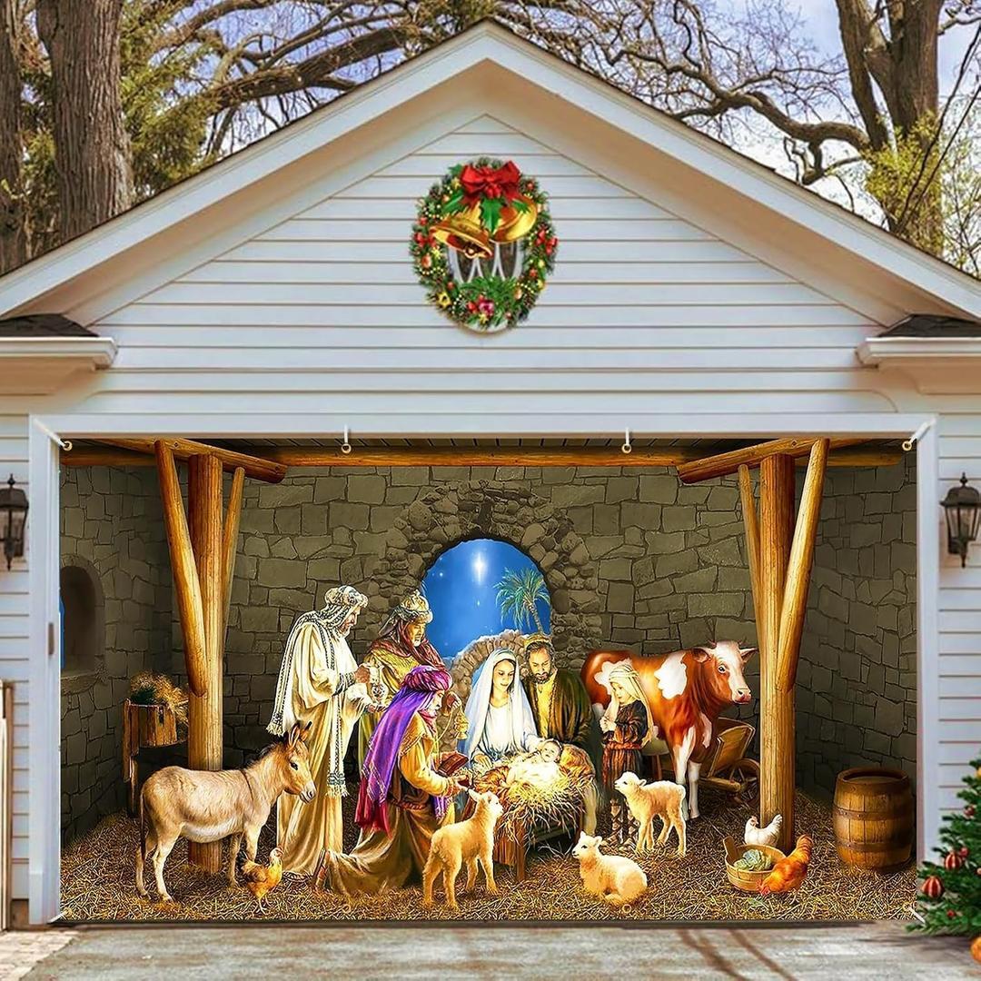 Christmas Nativity Garage Door Banner 16 x 7 ft, Nativity Scene Murals Garage Decorations Cover Extra Large Merry Christmas Backdrop Background for Photo Xmas Holiday Garage Banner