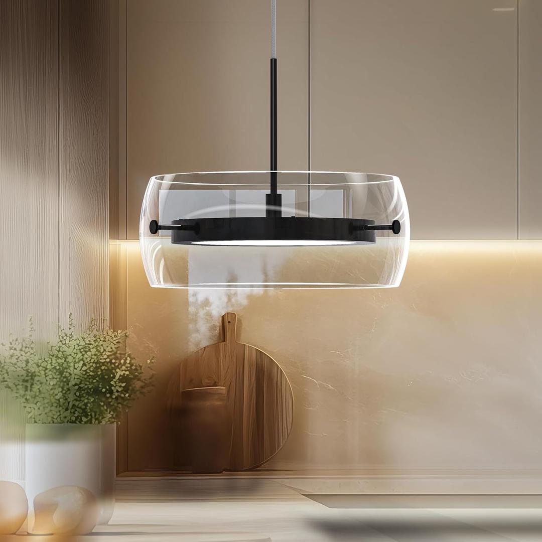 Pendant Lights Kitchen Island Dual-Sided LED Lighting, Adjustable Hanging Length, Glass Shade, Dimmable, Modern Ceiling Light Fixture for Dining Room, Bar, Living Room, Matte Black