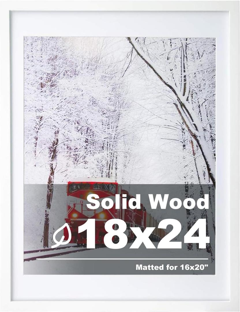 Egofine 18x24 Solid Wood Picture Frame, Made of Solid Wood Covered by Plexiglass 16x20 with Mat 18x24 without Mat, Poster Frame for Wall Mounting Photo Frame Vertically or Horizontally, White