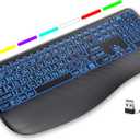 Large Print Wireless Backlit Keyboard Rechargeable Quiet Low-Profile Keys, 7-Color Light up with Memory Setting, Ergonomic Full Size with Extra-Large Wrist Rest for Computer/Laptop Windows, Black