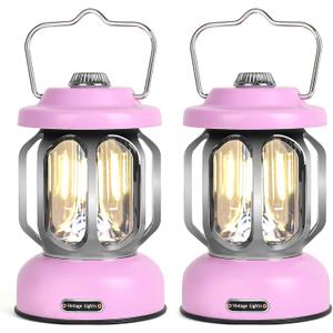 Rechargeable LED Camping Lanterns, Vintage Camping Lights Battery Operated, Portable Retro Metal Glamping Lights for Hiking, Hurricane, Decoration, Power outages, Pink, 2 Pack