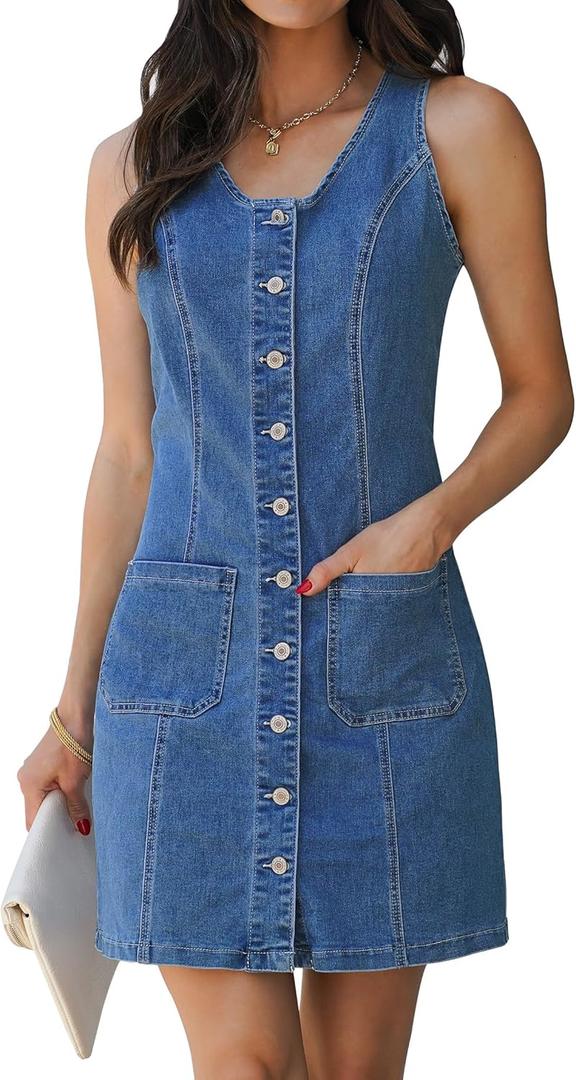 luvamia Denim Dresses for Women Sleeveless Stretchy Jean Summer Casual Western Short Button Down Dress with Patch Pocket (X-Small, Classic Blue)