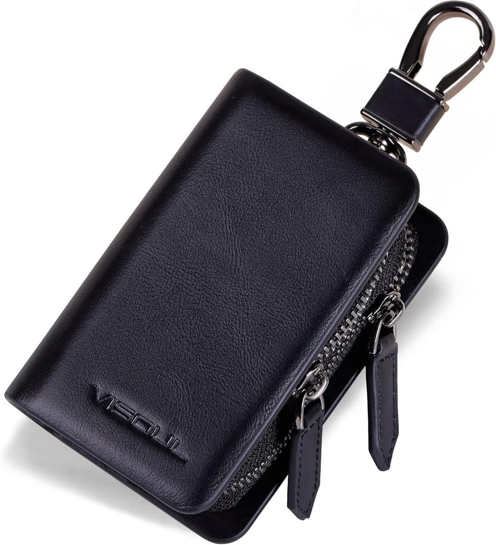 VISOUL Car Key Case Holder Double Zipper, Leather Car Smart Key Fob Case with Keychain for Men and Women (Black)