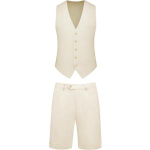 Mens 2-Piece Linen Summer Suit - Beach Wedding Guest Outfit with Vest and Shorts Set (Small, Beige) Mens 2-Piece Linen Summer Suit - Beach Wedding Guest Outfit with Vest and Shorts Set (Small, Beige)
