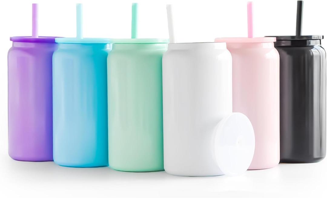 6 Pack Glass Cups with Lids and Straws Unbreakable 16 oz Stainless Steel Can Cup Double Wall Insulated Beer Can Tumbler for Iced Coffee, Juice, Soda, Bright-Colored