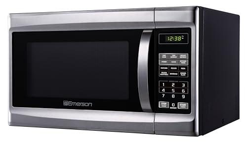 Emerson MW1338SB Countertop Microwave Oven, 6 Pre-Programmed Settings, Removable Glass Turntable, Child Safety Lock, 1.3 Cu ft, 1000W, Stainless Steel