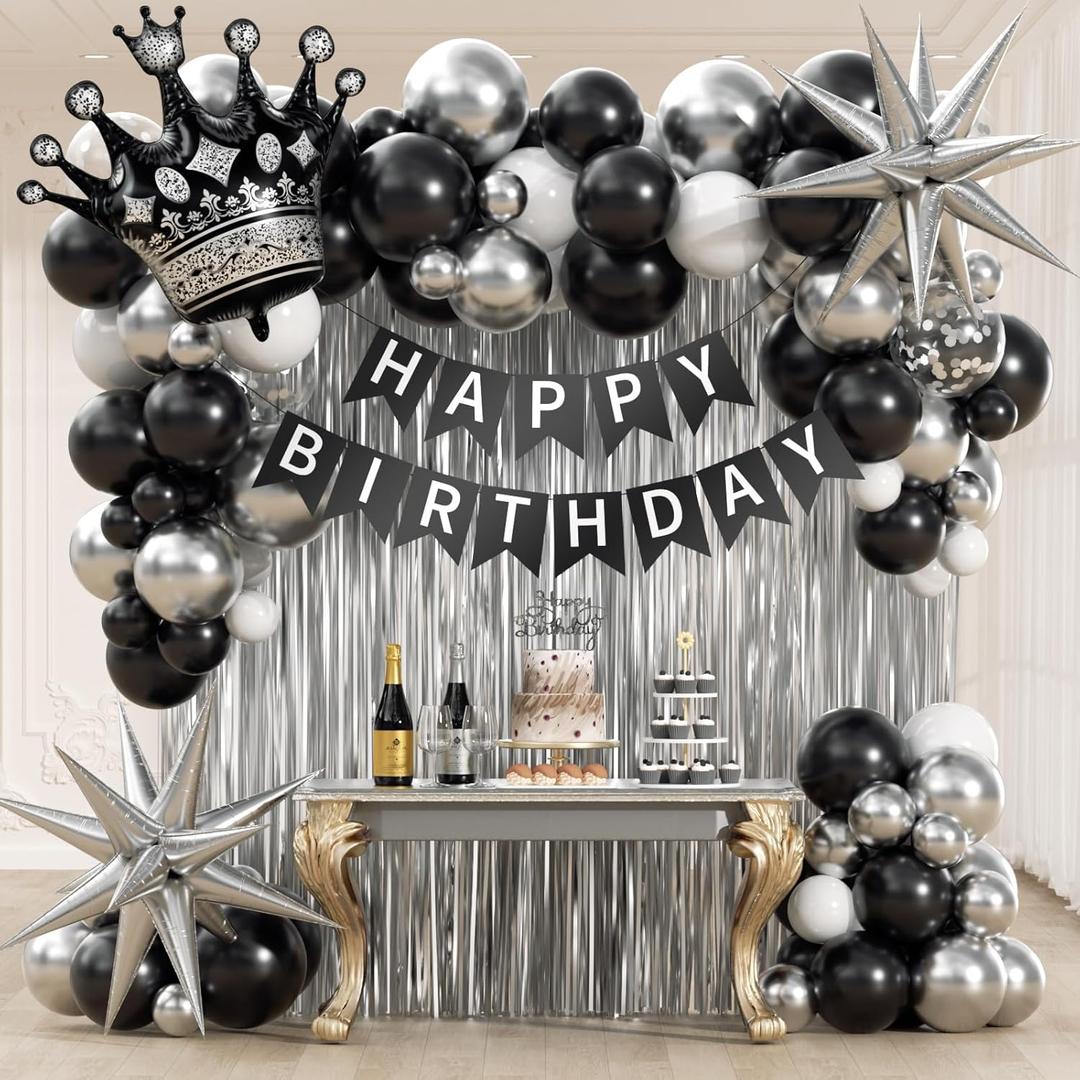 Black Birthday Decorations for Men with White Black and silver Balloons Banner Metallic Silver Fringe Curtain for 21st 25th 27th 30th 35th 40th 50th 60th Men Birthday Decorations