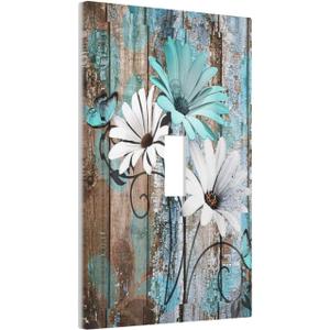 Farmhouse Country Teal Flower Floral Butterfly Decorative Single Toggle Light Switch Cover 1-Gang Wall Plate Blue Daisy Brown Wood Wooden Board Electrical One Device Outlet Switch Face Wallplate Cover