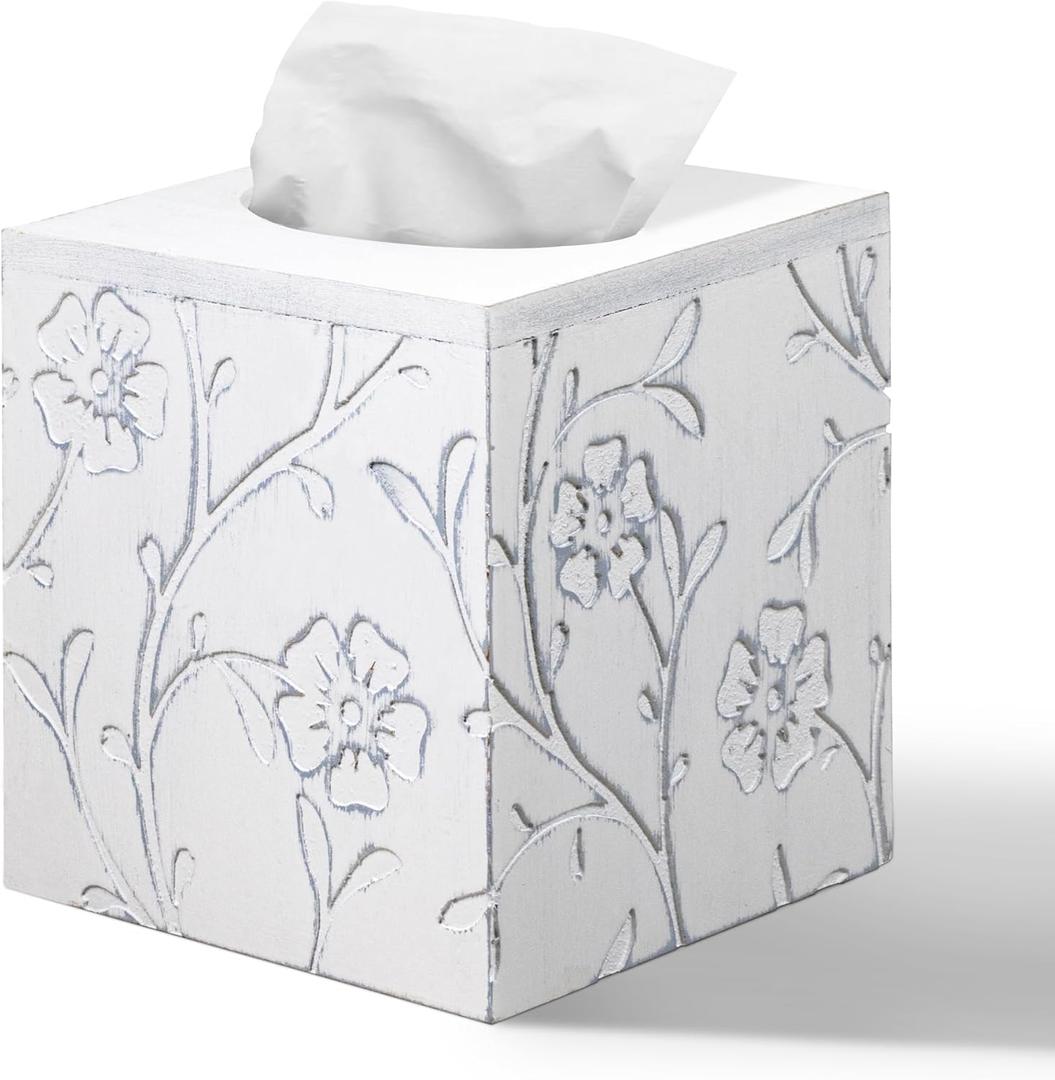Tissue Box Cover Square, Carved Flowers Wooden Tissue Box Holder with Slide-Out Bottom, Decorative Cube Wall Mounted Tissue Holder for Desktop Nightstand Bathroom Office, Rustic Farmhouse Home Decor, White