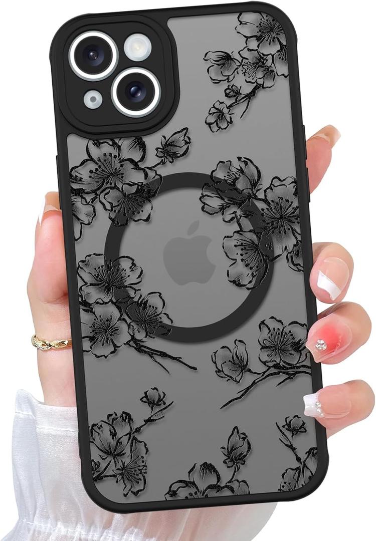 KANGHAR Cute Floral Case for iPhone 15 Case for Women Girls [ Compatible with MagSafe ] Aesthetic Black Ink Flowers Blossom Pattern Design Slim Soft Silicone Magnetic Protective Phone Cover