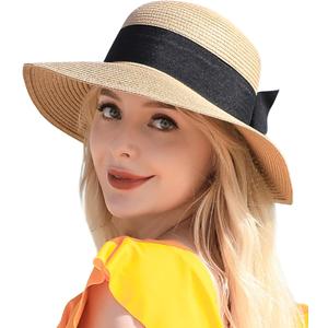 Beach Sun Straw Hats for Women, UPF 50+ UV Sun Protection Wide Brim Summer Straw Hat Foldable Packable Roll up Cap (One Size)
