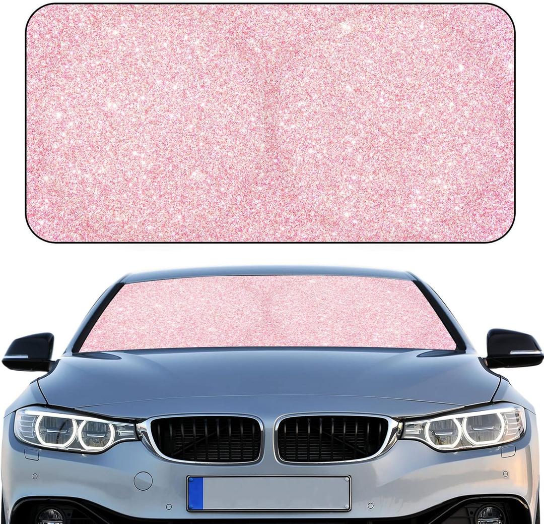 Windshield Sun Shade Foldable Car Front Window Covers for Car Accessories Sun Heat UV Rays Visor Protector Protection for Universal Cars SUV Truck(Pink Sequins)