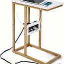 VECELO C Shaped End Side Table with Charging Station & Power Outlets for Couch Sofa/Bed, Snack TV Tray with Metal Frame for Living Room Bedroom 1 PCS Gold