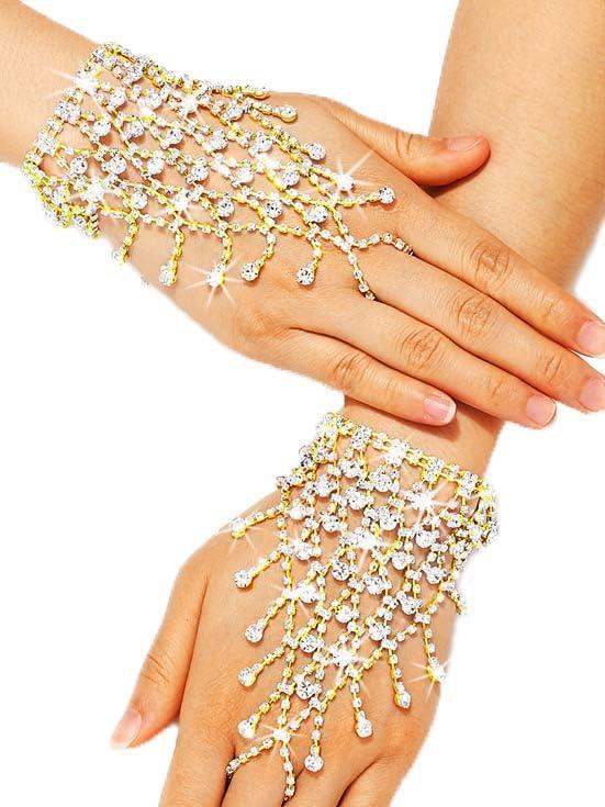 Rhinestone Fingerless Gloves Sparkling Metallic Hand Jewelry for Women (Gold)