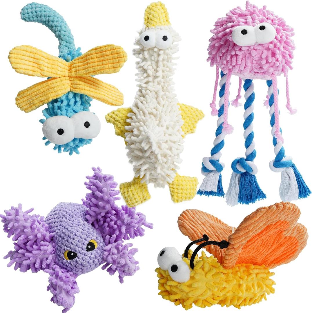Nocciola 5 Packs Squeaky Dog Toy Plushies, Cute Soft Squeak Crinkle Plush Stuffed Durable Pet Animal Chew Puppy Toys for Small Meidum Large Breed
