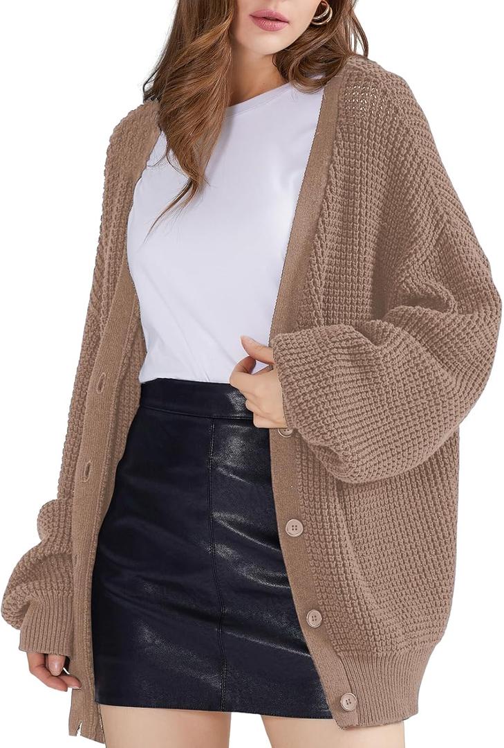 QUALFORT Cardigan Sweaters for Women 100% Cotton Button-Down Long Sleeve Oversized Knit Outerwear (Large, Camel)