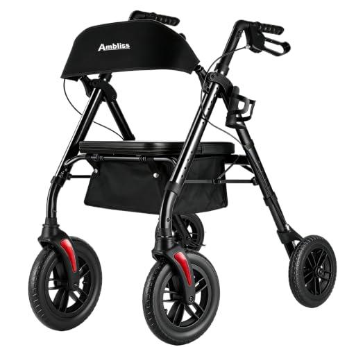 Ambliss Lightweight Folding Rollator Walker for Seniors with Seat, 10" All-Terrain Non-Pneumatic Wheels, Wide Padded Seat & Breathable Backrest, Adjustable Height 5'2"-6'7", 300 lbs Capacity (Purple)