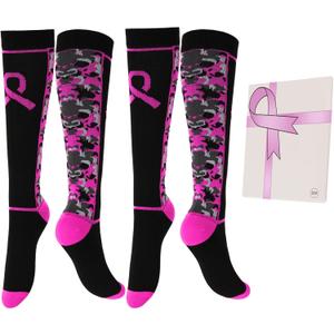 2 Pairs Breast Cancer Awareness Socks,Pink Ribbon Knee High Compression Socks for Softball Soccer Football Baseball (Small-Medium, Black)
