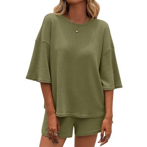 Tankaneo Womens 2 Piece Outfits Sweater Set Lounge Sets 3/4 Sleeve Oversized Tops and Elastic Waist Shorts Pajama Sets (Green)