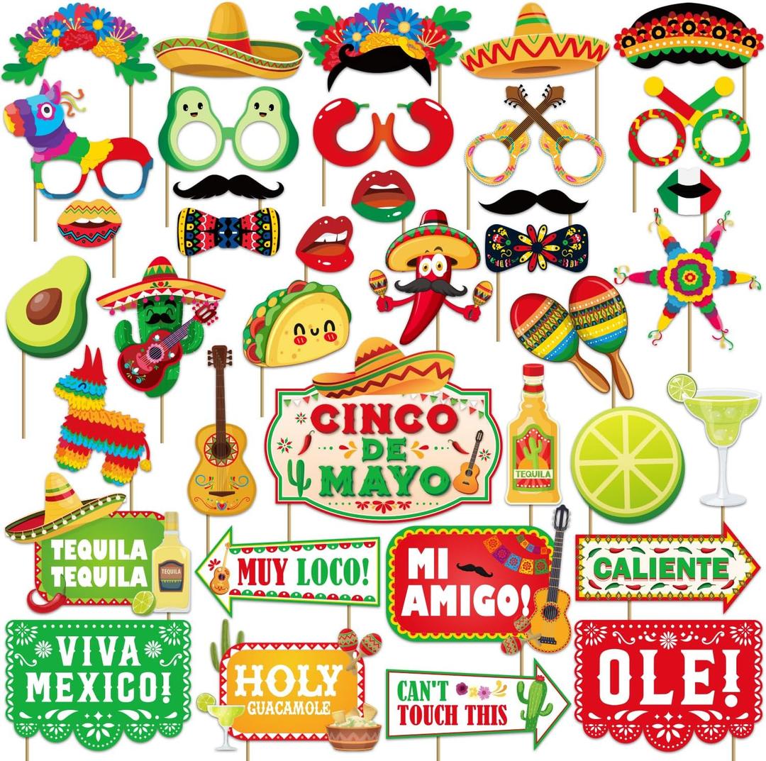 Cinco De Mayo Decorations, 38 Pcs Cinco De Mayo Photo Booth Props, Mexican Fiesta Photo Booth Props, Mexican Fiesta Party Decorations