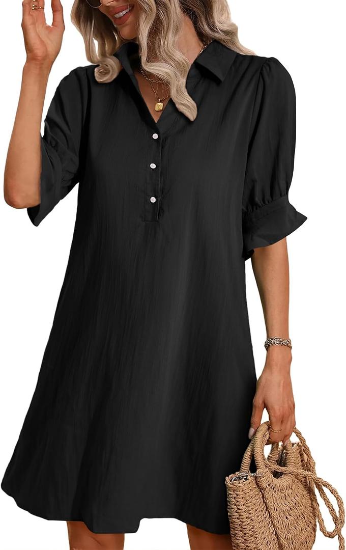 FENSACE Womens Casual Shirt Dress Ruffle Sleeve Button Down Shift Summer Dresses with Pockets (Black, S)