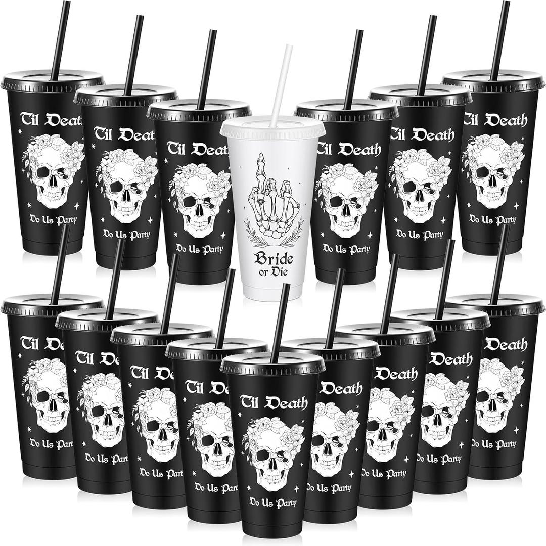 Tessco for you 16 Pcs Bridesmaid Cups with Lids and Straws 24 oz Reusable Bridesmaid Tumblers Plastic Cups Bridal Party Supplies for Wedding Gifts Decorations(Bride or Die)