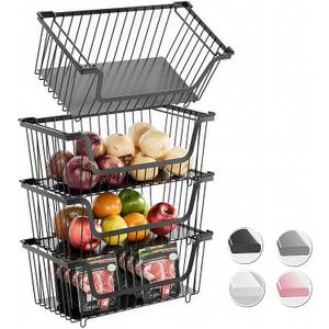 GAOKASE 4 Pcs Stackable Wire Baskets for Pantry Organizers and Storage,Vegetable Fruit Basket for Countertop,Kitchen Storage Metal Baskets,Produce Potato Onion Storage Bin,Black