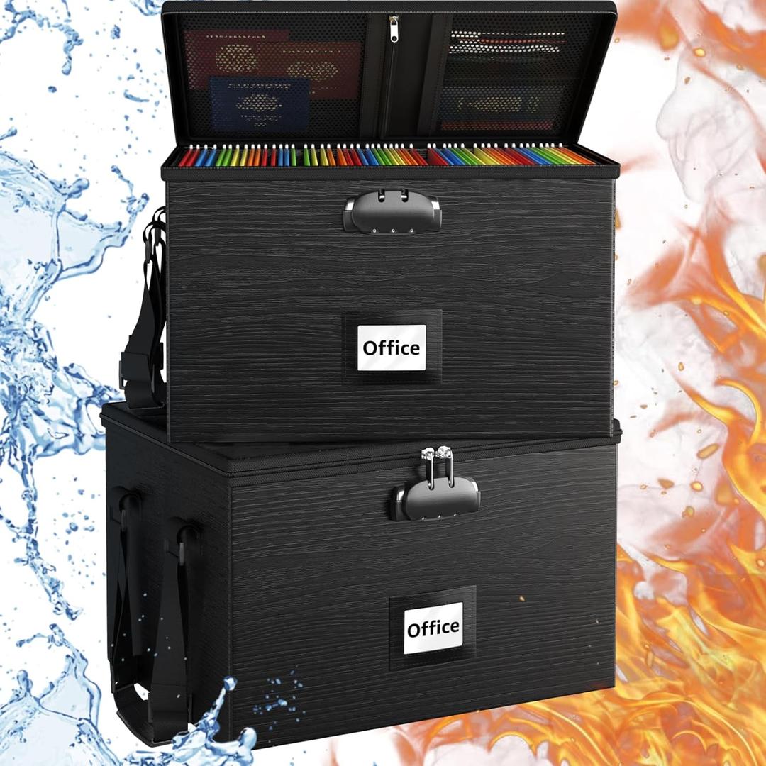 2 Pack Fireproof Document Box File Organizer - Portable Locking Filing Storage Box with Handle Waterproof for Hanging Letter/Legal Folder Important Document (2pcs, Black)
