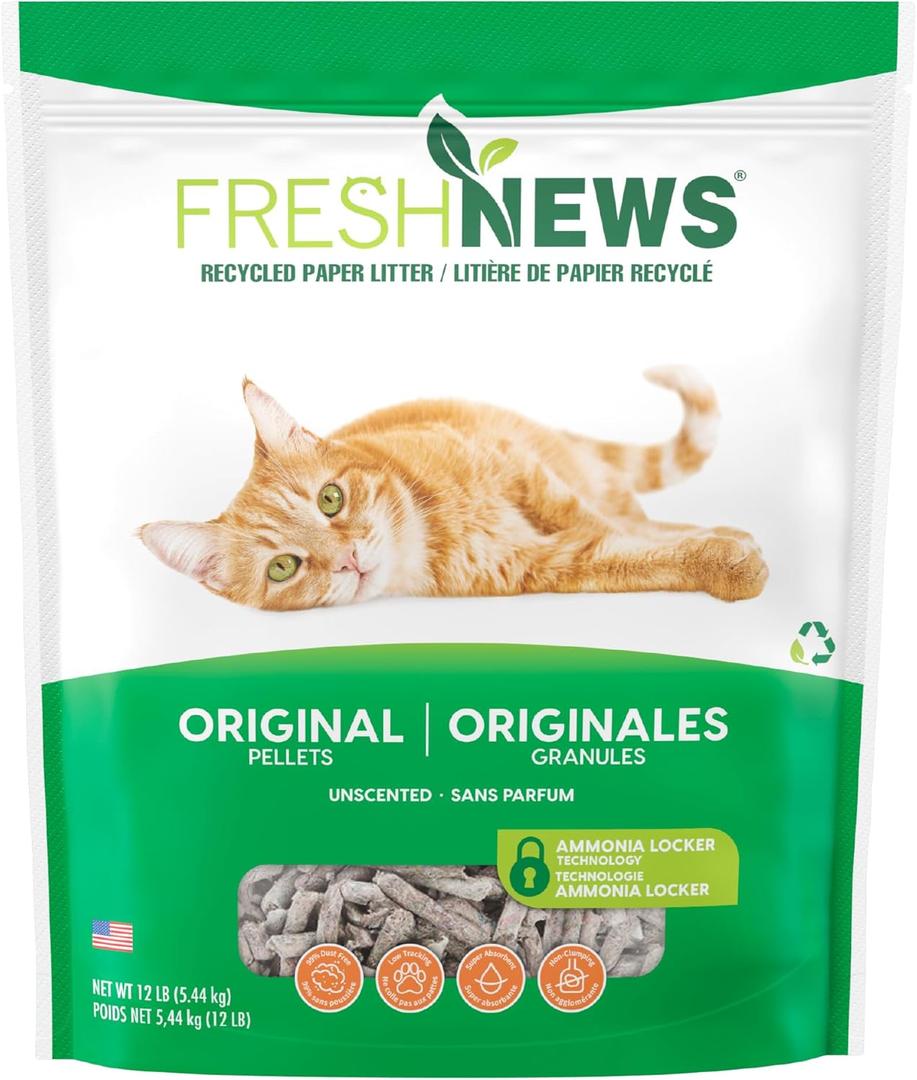 Fresh News Recycled Paper Original Pellet Cat Litter, 12 Pound, Non-Clumping, Unscented, Made in USA
