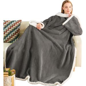 Ramees Sherpa Wearable Blanket with Sleeves and Pockets, Soft Warm TV Blanket Throw for Men and Women (Grey)