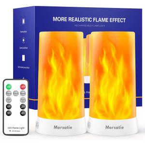Morsatie Upgraded LED Flame Light with Upside Down Effect, Remote Timer & 4 Modes, Rechargeable Battery Operated Waterproof Flameless Candles for Indoor Outdoor, 2 PCS