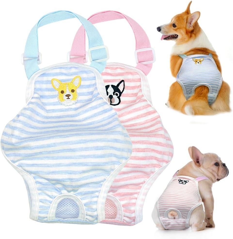 1PC Dog Cute Summer Cotton Stripe Sanitary Pantie with Adjustable Strap Suspender Physiological Pants Pet Underwear Diapers Jumpsuits for Girl Dogs Medium Large Corgi French Bulldog, Pink