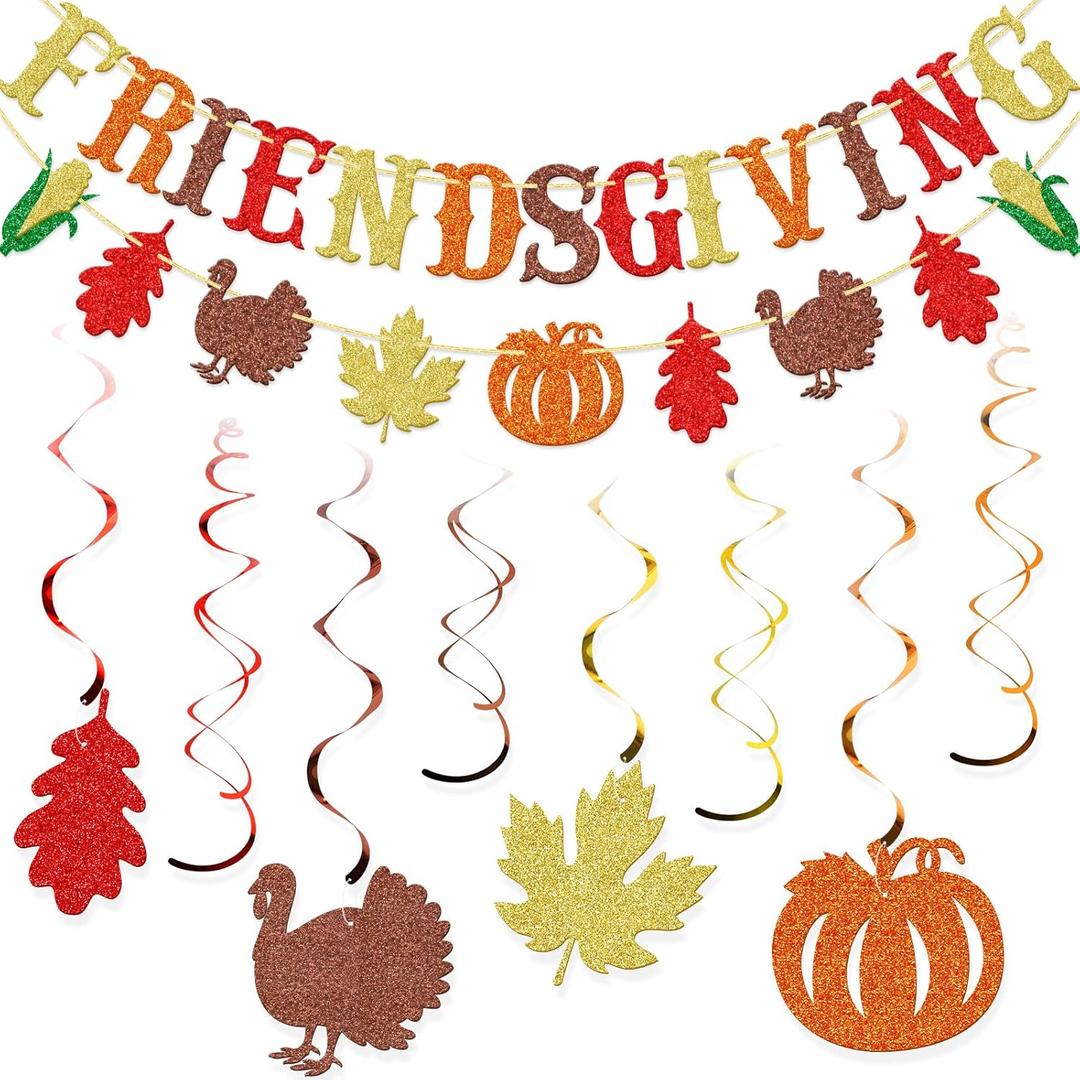 Friendsgiving Banner, Thanksgiving Friends Party Decor Seasonal Fall Home Decor (Gold, Red, Brown, Orange)