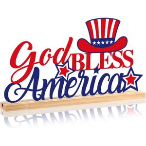 2 x Metal God Bless America Table Decor Sign with Wood Base, 6.18 x 11.81 inches
