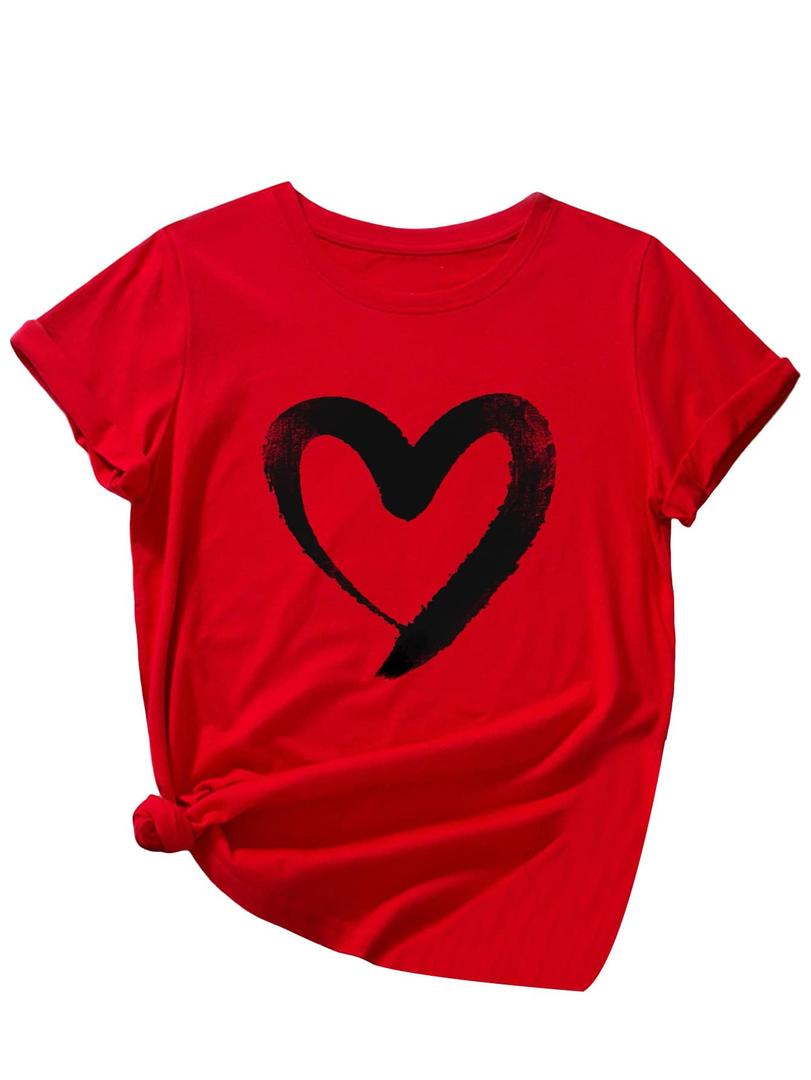 SOLY HUX Women's Letter Print Graphic Tees Short Sleeve Tops Casual Summer T Shirt Red Heart L