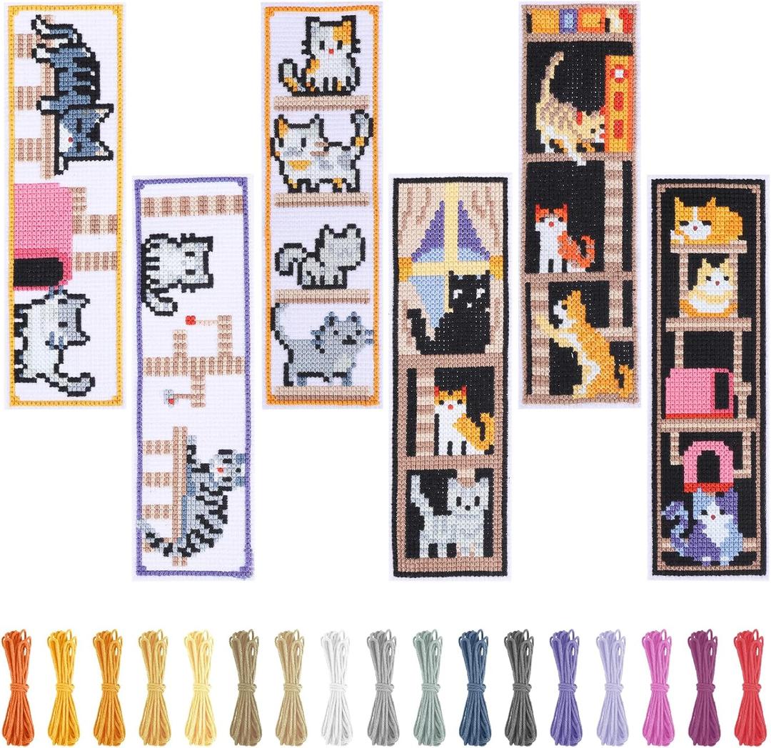 FREEBLOSS 6 Set Cross Stitch Bookmark Kits Bookmark Embroidery Kit Counted Cross stitch Projects Cat and Book Pattern Cross Stitch Bookmarks Cross Stitch Kit for Beginners Adults, Small, Brown